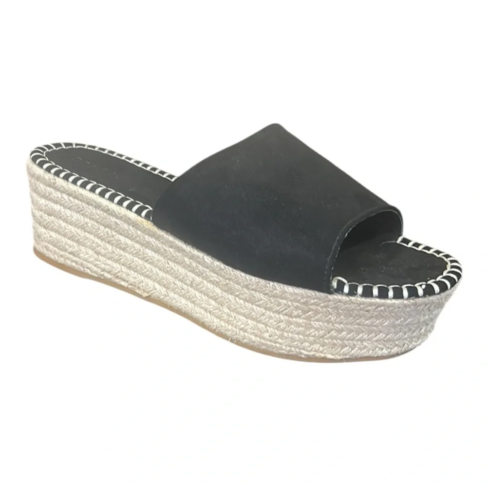 Bamboo Platform Espadrille Slide Sandals Jute-Wrapped Wedge Black Size 10